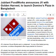 Jubilant FoodWorks announces JV with Golden Harvest,to launch Domino’s Pizza in Bangladesh